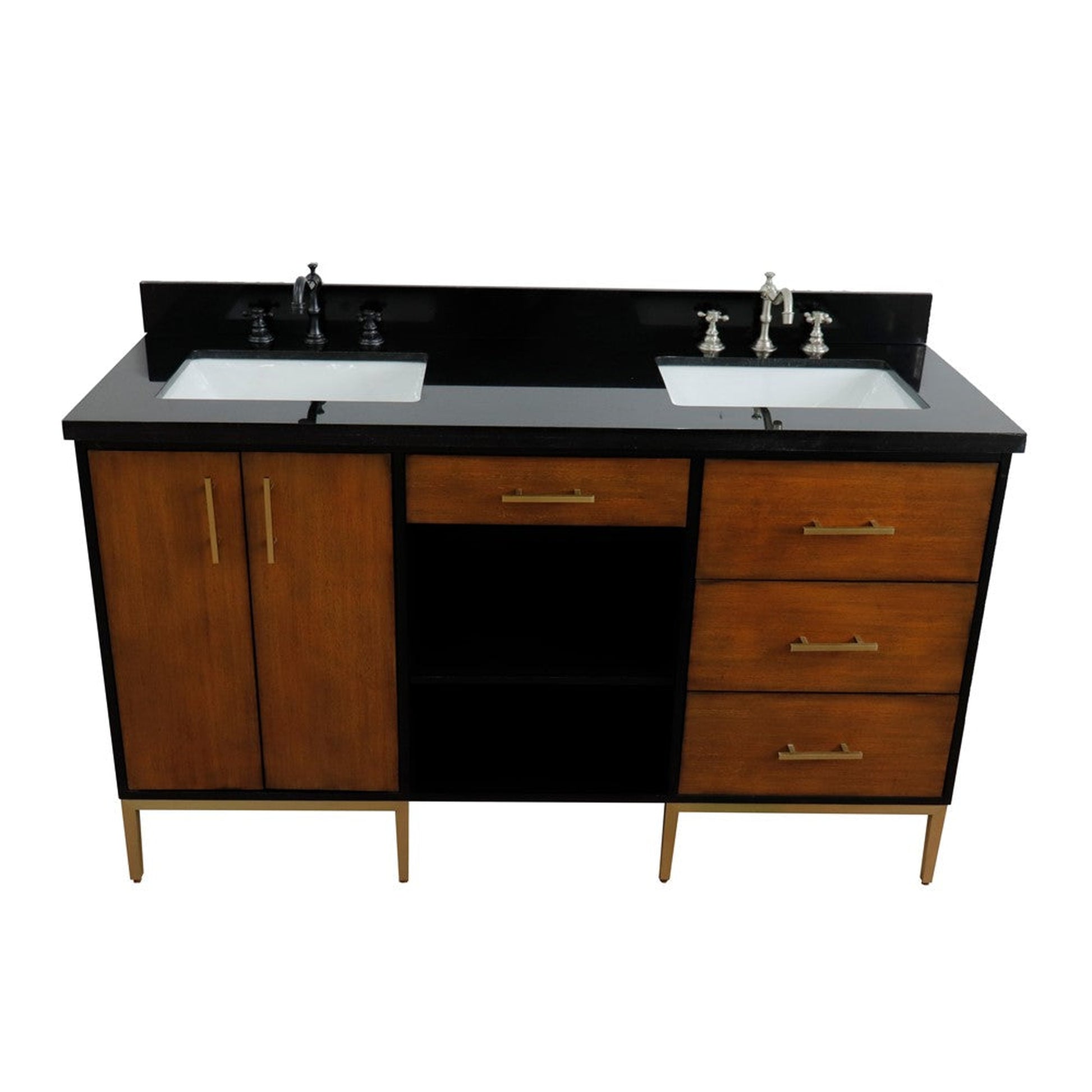 Bellaterra Home Imola 61" 2-Door 4-Drawer 2-Shelf Walnut and Black Freestanding Vanity Set With Ceramic Double Undermount Rectangular Sink and Black Galaxy Granite Top