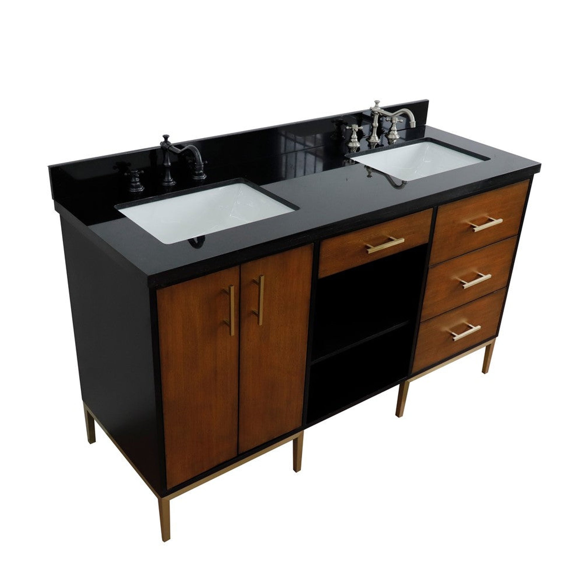 Bellaterra Home Imola 61" 2-Door 4-Drawer 2-Shelf Walnut and Black Freestanding Vanity Set With Ceramic Double Undermount Rectangular Sink and Black Galaxy Granite Top