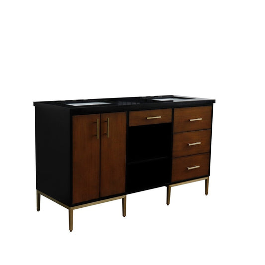 Bellaterra Home Imola 61" 2-Door 4-Drawer 2-Shelf Walnut and Black Freestanding Vanity Set With Ceramic Double Undermount Rectangular Sink and Black Galaxy Granite Top