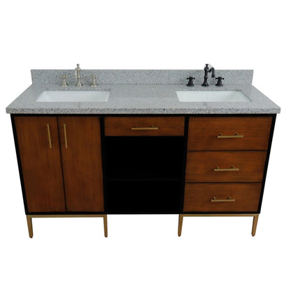 Bellaterra Home Imola 61" 2-Door 4-Drawer 2-Shelf Walnut and Black Freestanding Vanity Set With Ceramic Double Undermount Rectangular Sink and Gray Granite Top