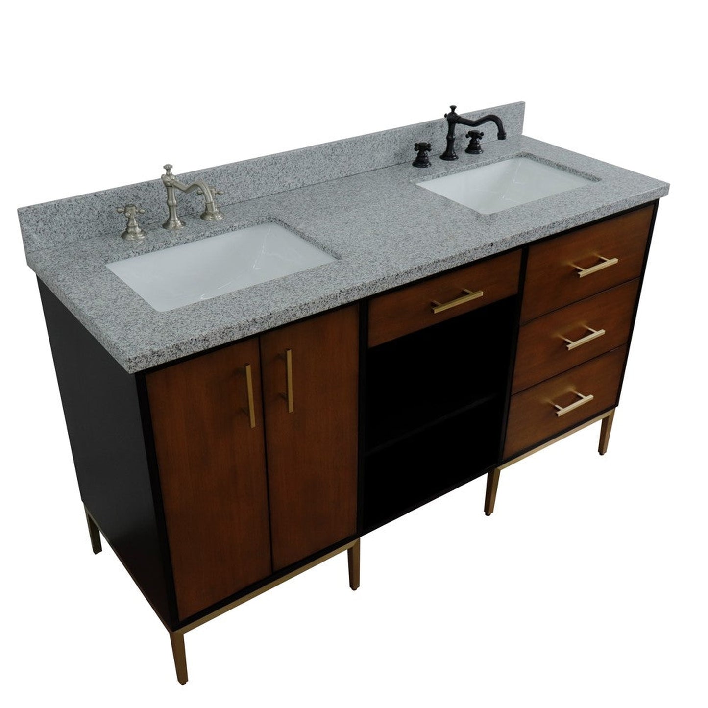 Bellaterra Home Imola 61" 2-Door 4-Drawer 2-Shelf Walnut and Black Freestanding Vanity Set With Ceramic Double Undermount Rectangular Sink and Gray Granite Top