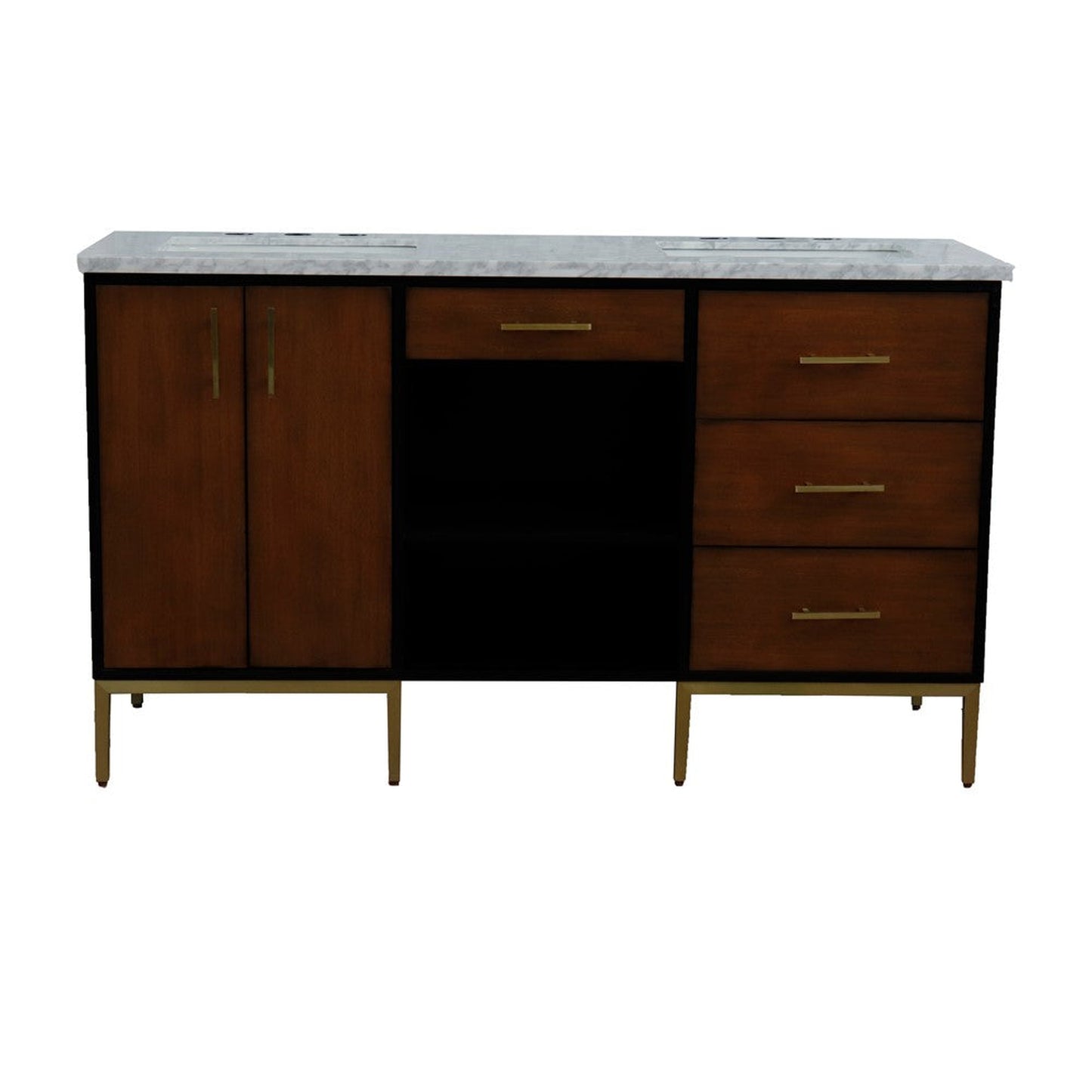 Bellaterra Home Imola 61" 2-Door 4-Drawer 2-Shelf Walnut and Black Freestanding Vanity Set With Ceramic Double Undermount Rectangular Sink and White Carrara Marble Top