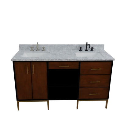 Bellaterra Home Imola 61" 2-Door 4-Drawer 2-Shelf Walnut and Black Freestanding Vanity Set With Ceramic Double Undermount Rectangular Sink and White Carrara Marble Top