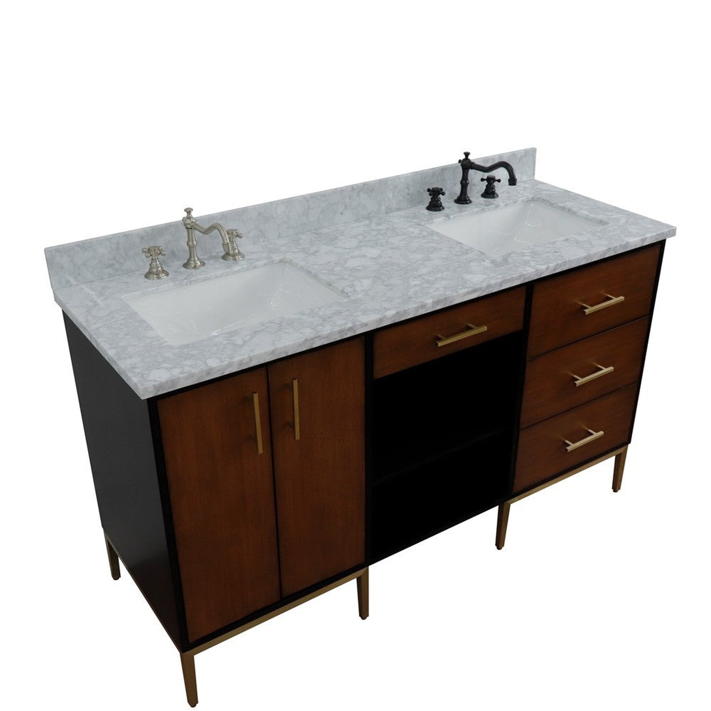 Bellaterra Home Imola 61" 2-Door 4-Drawer 2-Shelf Walnut and Black Freestanding Vanity Set With Ceramic Double Undermount Rectangular Sink and White Carrara Marble Top