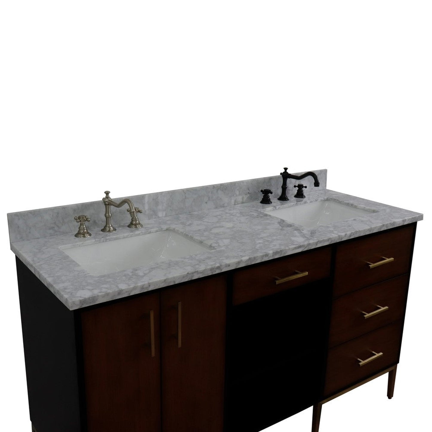 Bellaterra Home Imola 61" 2-Door 4-Drawer 2-Shelf Walnut and Black Freestanding Vanity Set With Ceramic Double Undermount Rectangular Sink and White Carrara Marble Top