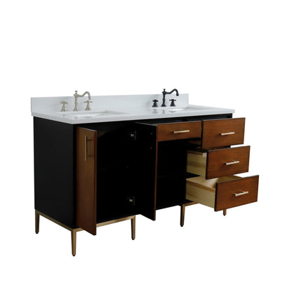 Bellaterra Home Imola 61" 2-Door 4-Drawer 2-Shelf Walnut and Black Freestanding Vanity Set With Ceramic Double Undermount Rectangular Sink and White Quartz Top