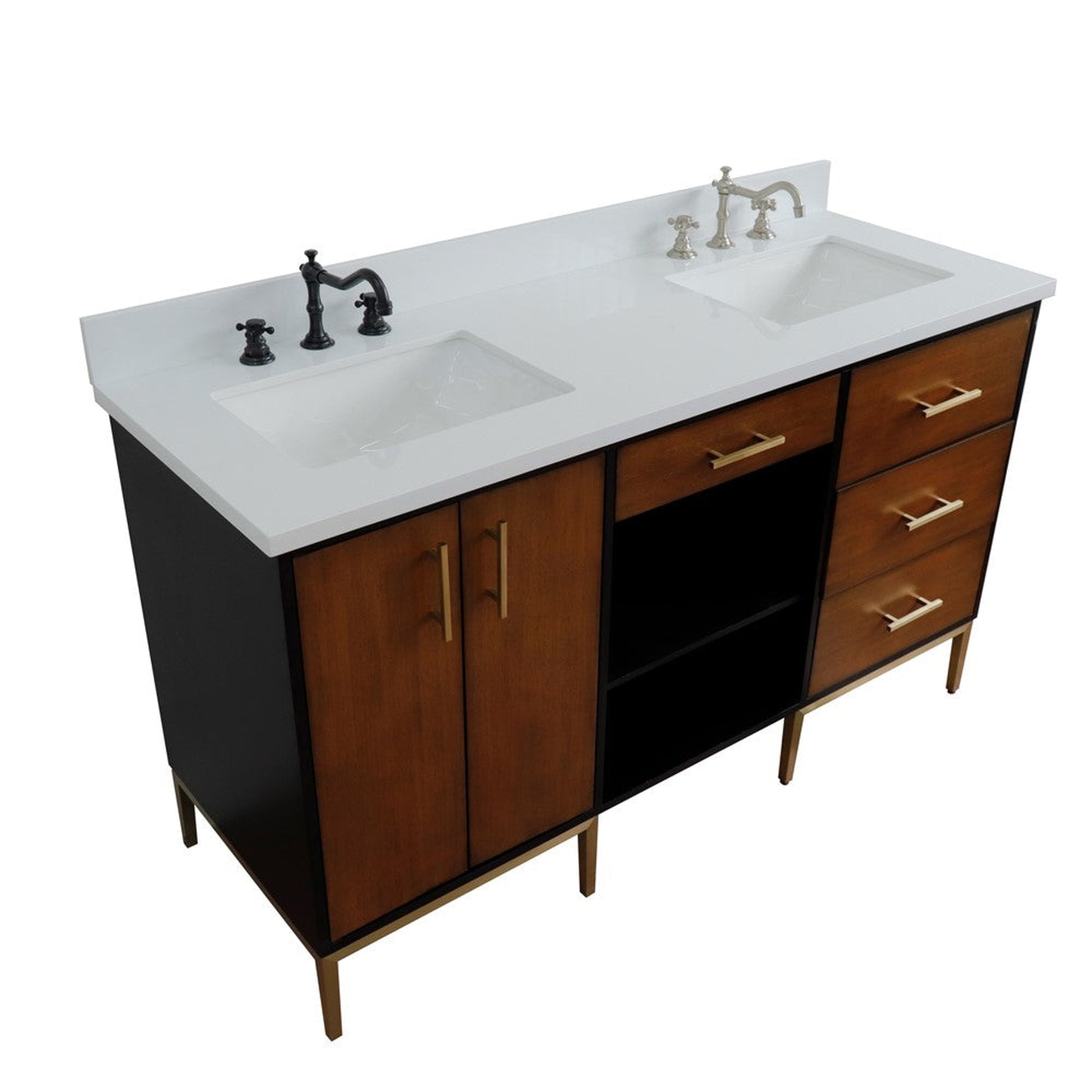 Bellaterra Home Imola 61" 2-Door 4-Drawer 2-Shelf Walnut and Black Freestanding Vanity Set With Ceramic Double Undermount Rectangular Sink and White Quartz Top