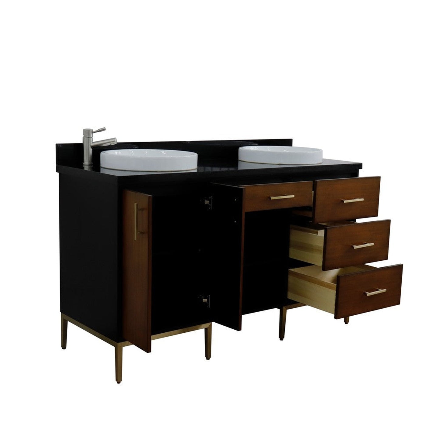 Bellaterra Home Imola 61" 2-Door 4-Drawer 2-Shelf Walnut and Black Freestanding Vanity Set With Ceramic Double Vessel Sink and Black Galaxy Granite Top