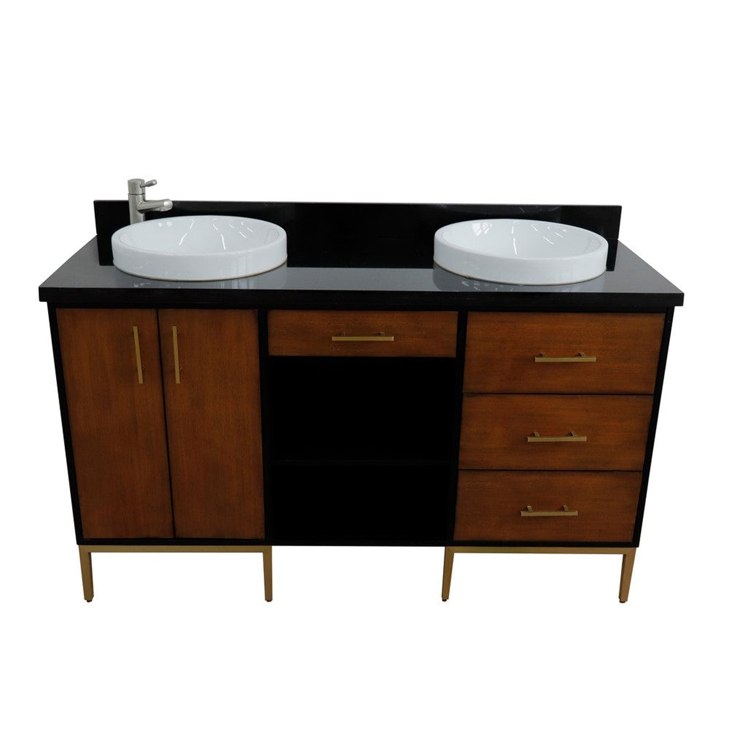 Bellaterra Home Imola 61" 2-Door 4-Drawer 2-Shelf Walnut and Black Freestanding Vanity Set With Ceramic Double Vessel Sink and Black Galaxy Granite Top