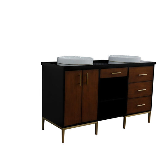 Bellaterra Home Imola 61" 2-Door 4-Drawer 2-Shelf Walnut and Black Freestanding Vanity Set With Ceramic Double Vessel Sink and Black Galaxy Granite Top