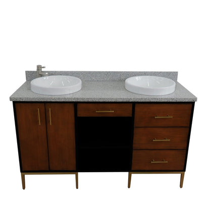 Bellaterra Home Imola 61" 2-Door 4-Drawer 2-Shelf Walnut and Black Freestanding Vanity Set With Ceramic Double Vessel Sink and Gray Granite Top