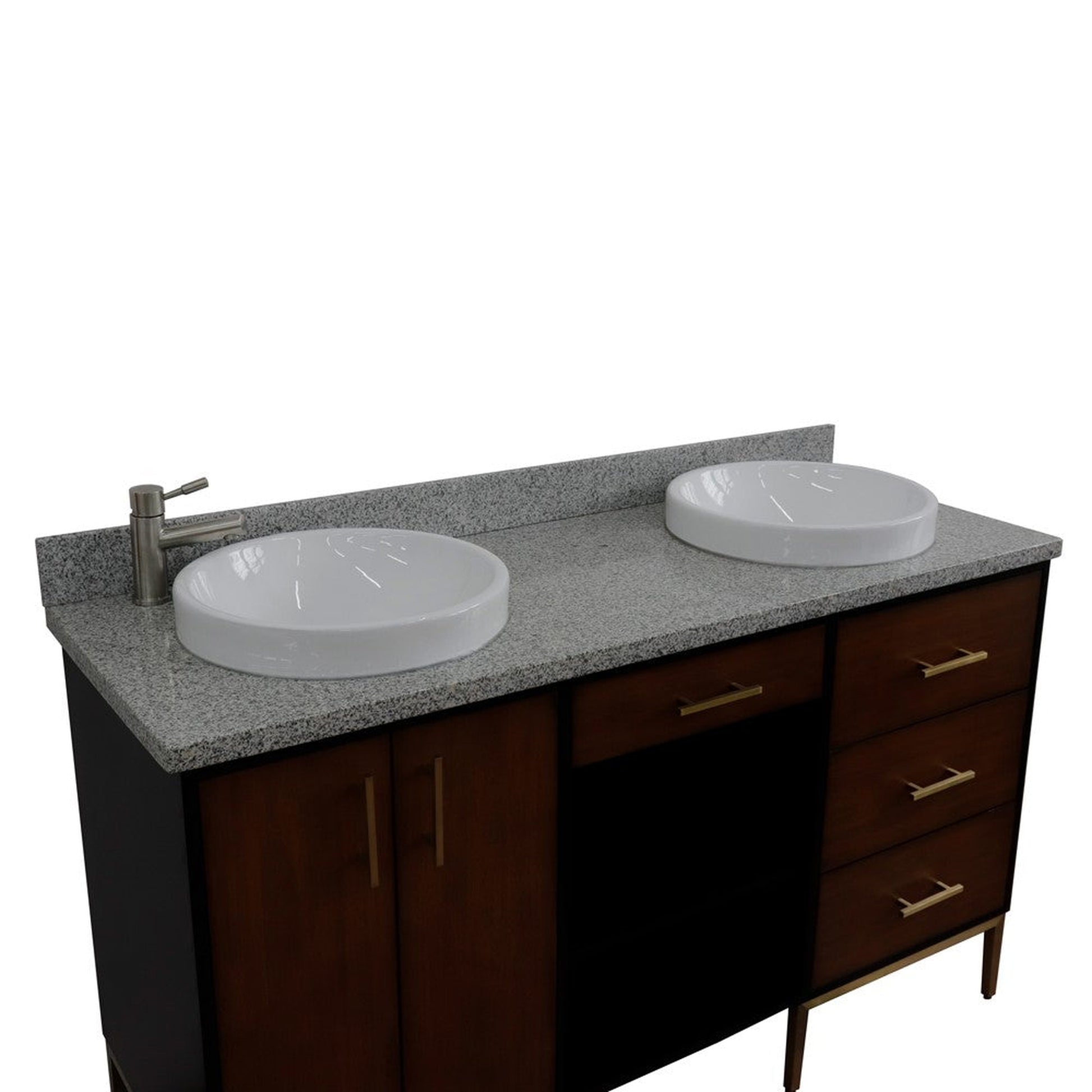 Bellaterra Home Imola 61" 2-Door 4-Drawer 2-Shelf Walnut and Black Freestanding Vanity Set With Ceramic Double Vessel Sink and Gray Granite Top