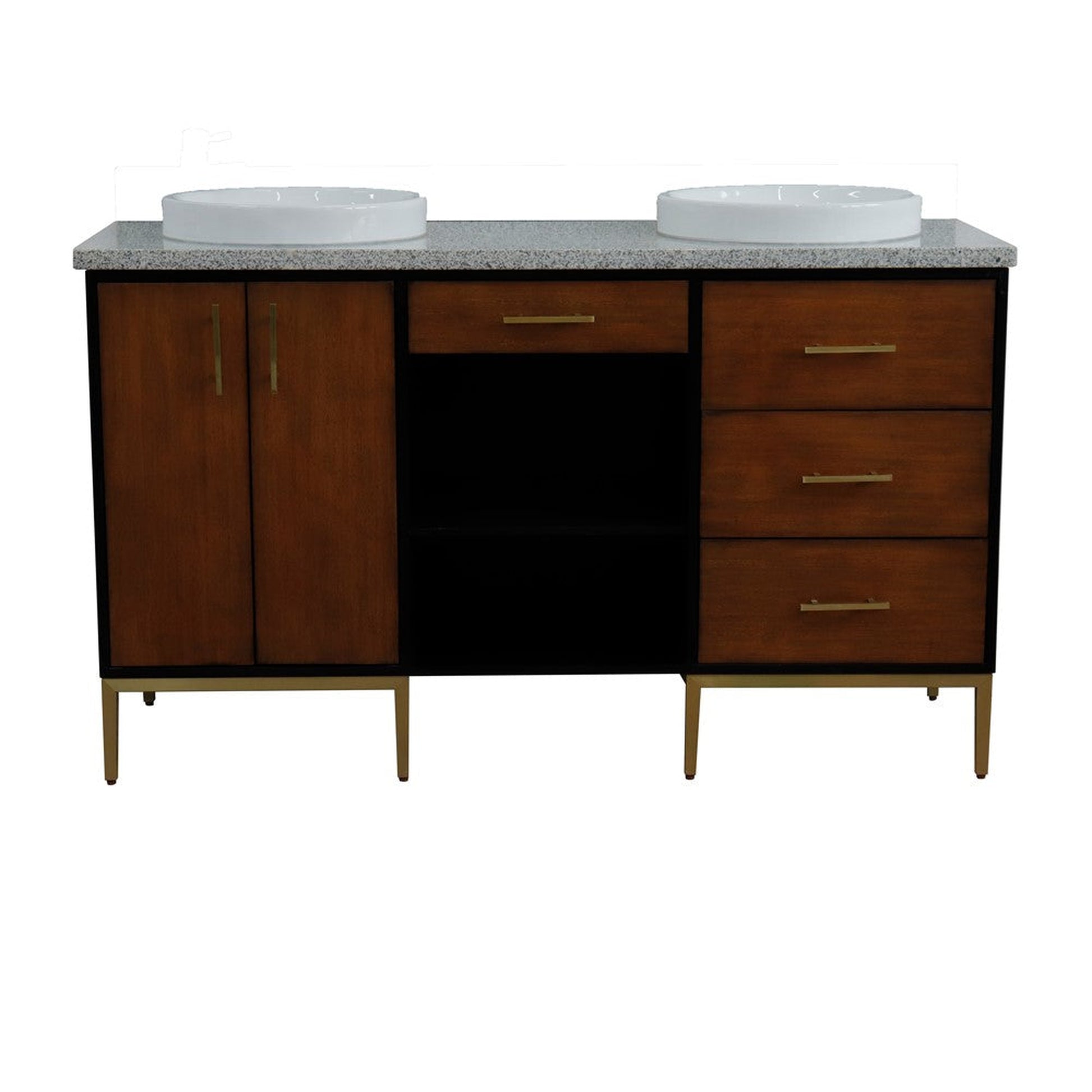 Bellaterra Home Imola 61" 2-Door 4-Drawer 2-Shelf Walnut and Black Freestanding Vanity Set With Ceramic Double Vessel Sink and Gray Granite Top