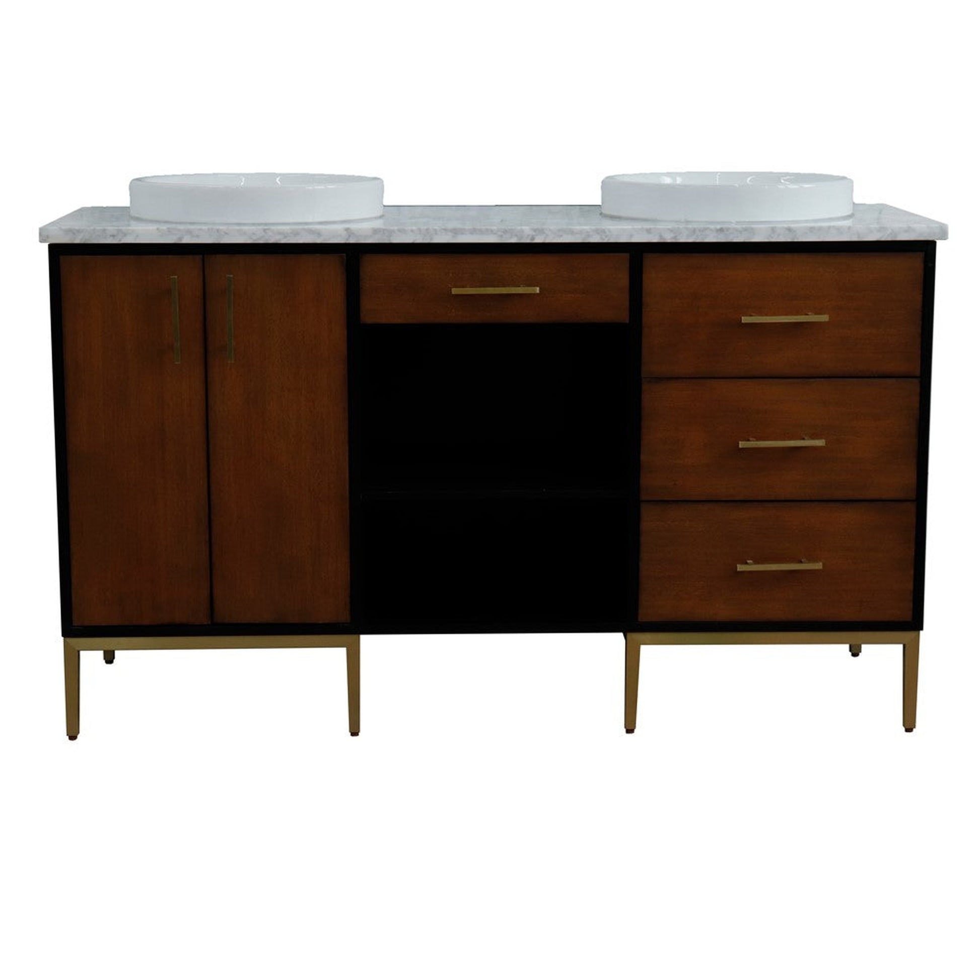 Bellaterra Home Imola 61" 2-Door 4-Drawer 2-Shelf Walnut and Black Freestanding Vanity Set With Ceramic Double Vessel Sink and White Carrara Marble Top