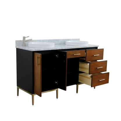 Bellaterra Home Imola 61" 2-Door 4-Drawer 2-Shelf Walnut and Black Freestanding Vanity Set With Ceramic Double Vessel Sink and White Carrara Marble Top