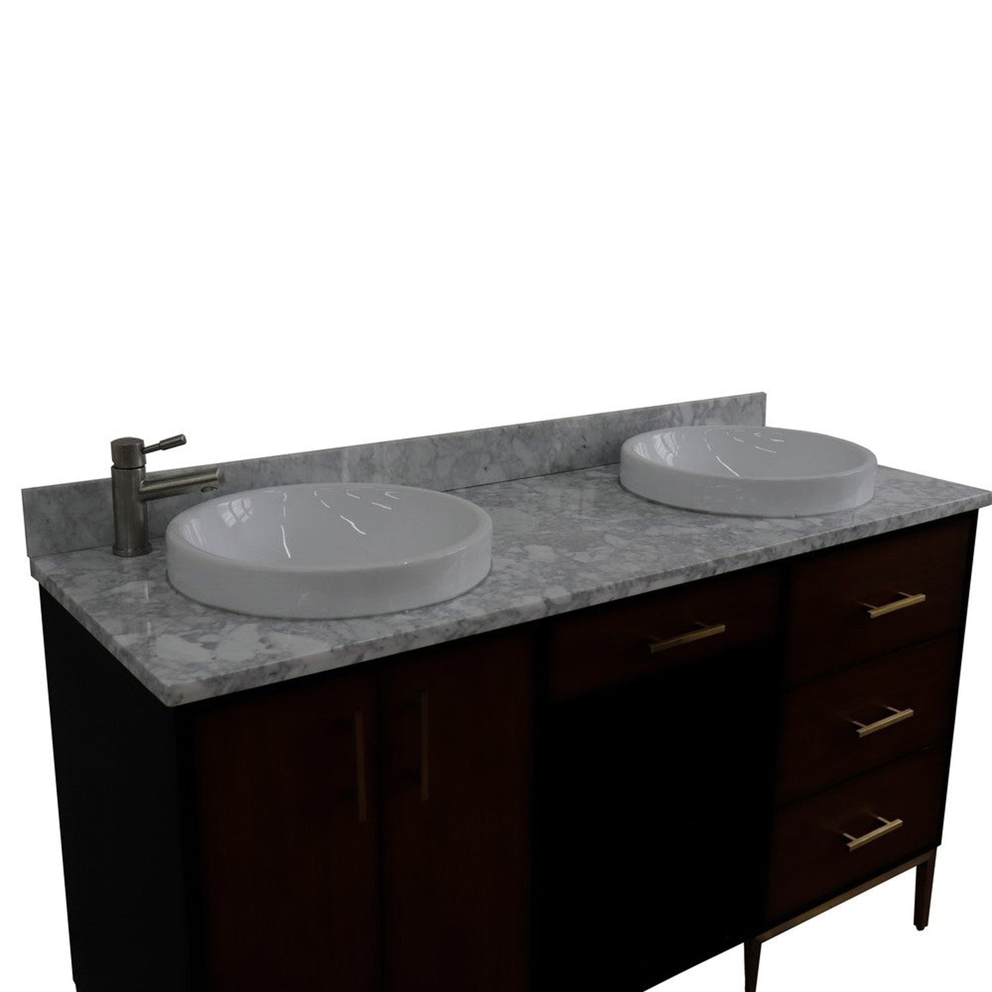 Bellaterra Home Imola 61" 2-Door 4-Drawer 2-Shelf Walnut and Black Freestanding Vanity Set With Ceramic Double Vessel Sink and White Carrara Marble Top