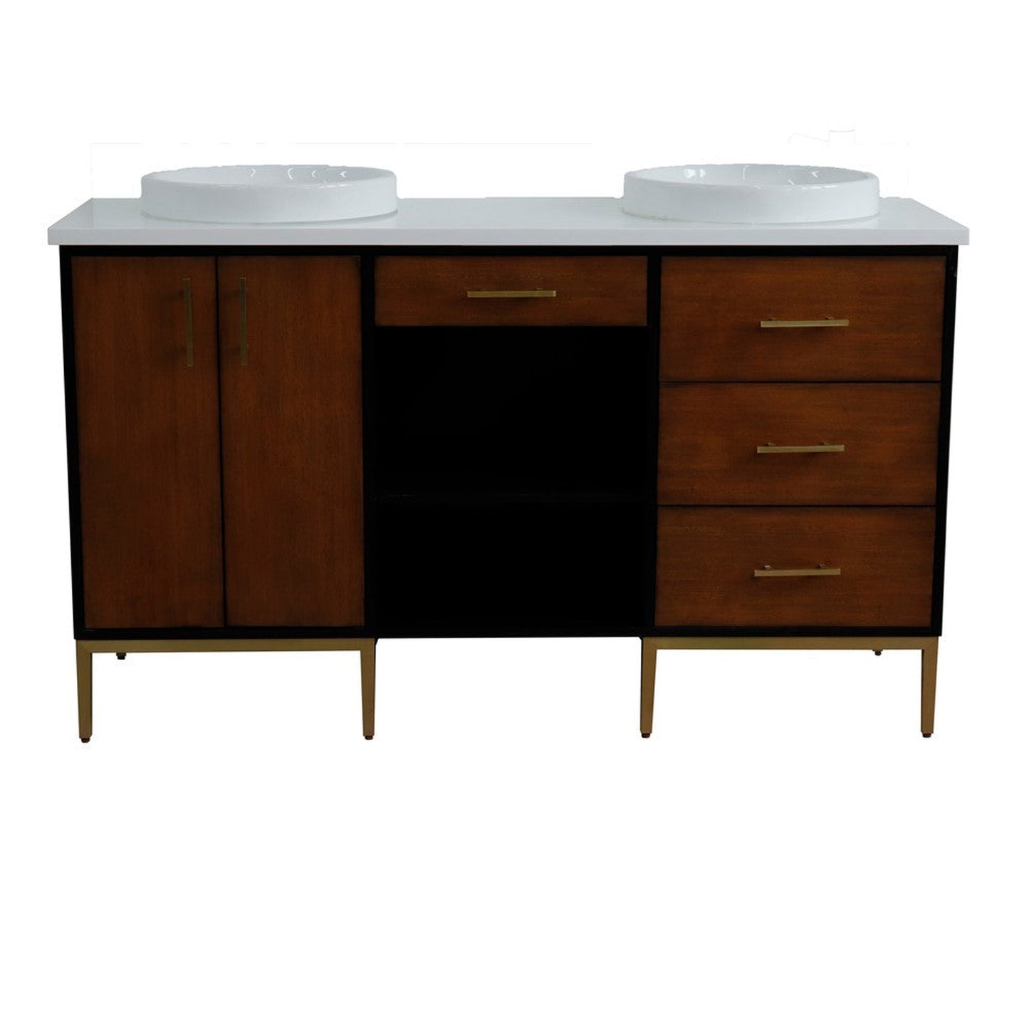 Bellaterra Home Imola 61" 2-Door 4-Drawer 2-Shelf Walnut and Black Freestanding Vanity Set With Ceramic Double Vessel Sink and White Quartz Top