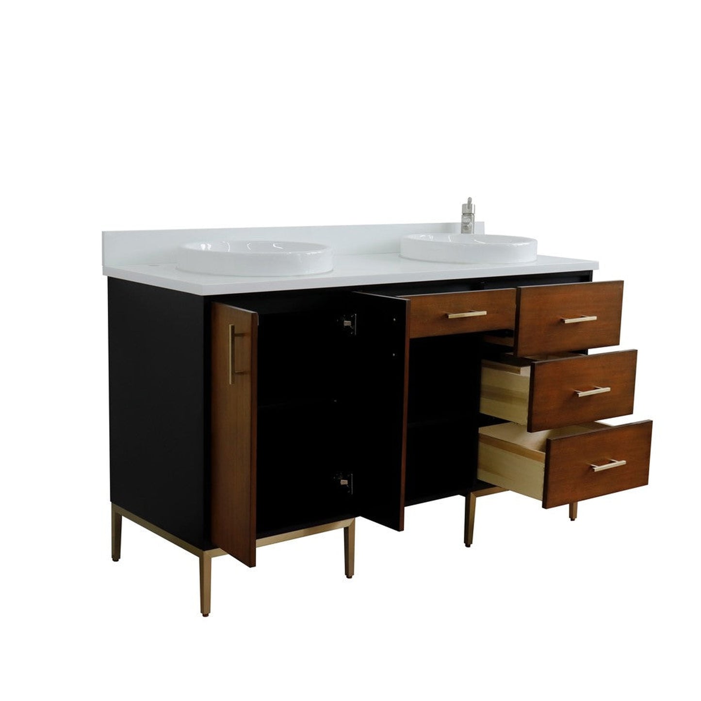 Bellaterra Home Imola 61" 2-Door 4-Drawer 2-Shelf Walnut and Black Freestanding Vanity Set With Ceramic Double Vessel Sink and White Quartz Top