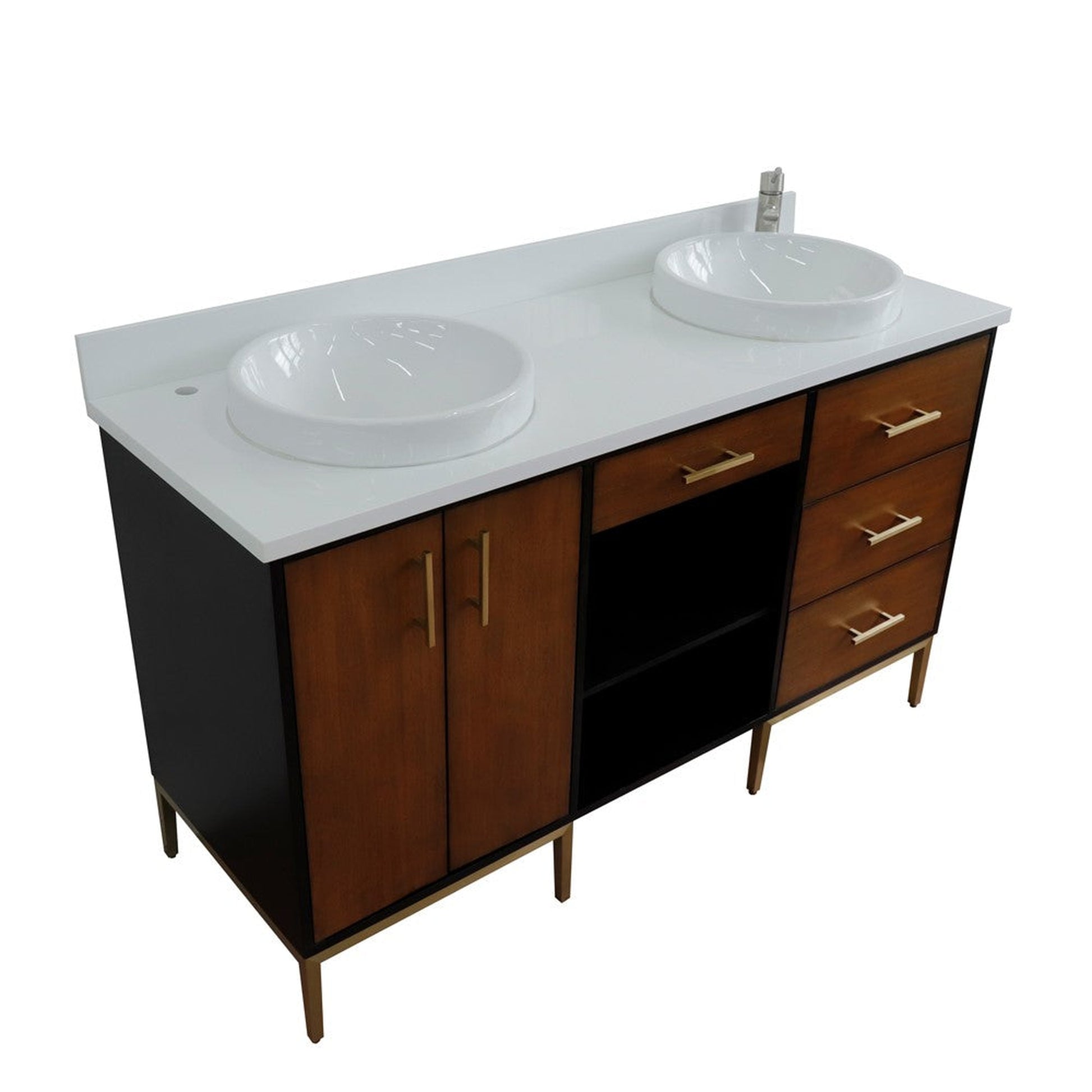 Bellaterra Home Imola 61" 2-Door 4-Drawer 2-Shelf Walnut and Black Freestanding Vanity Set With Ceramic Double Vessel Sink and White Quartz Top