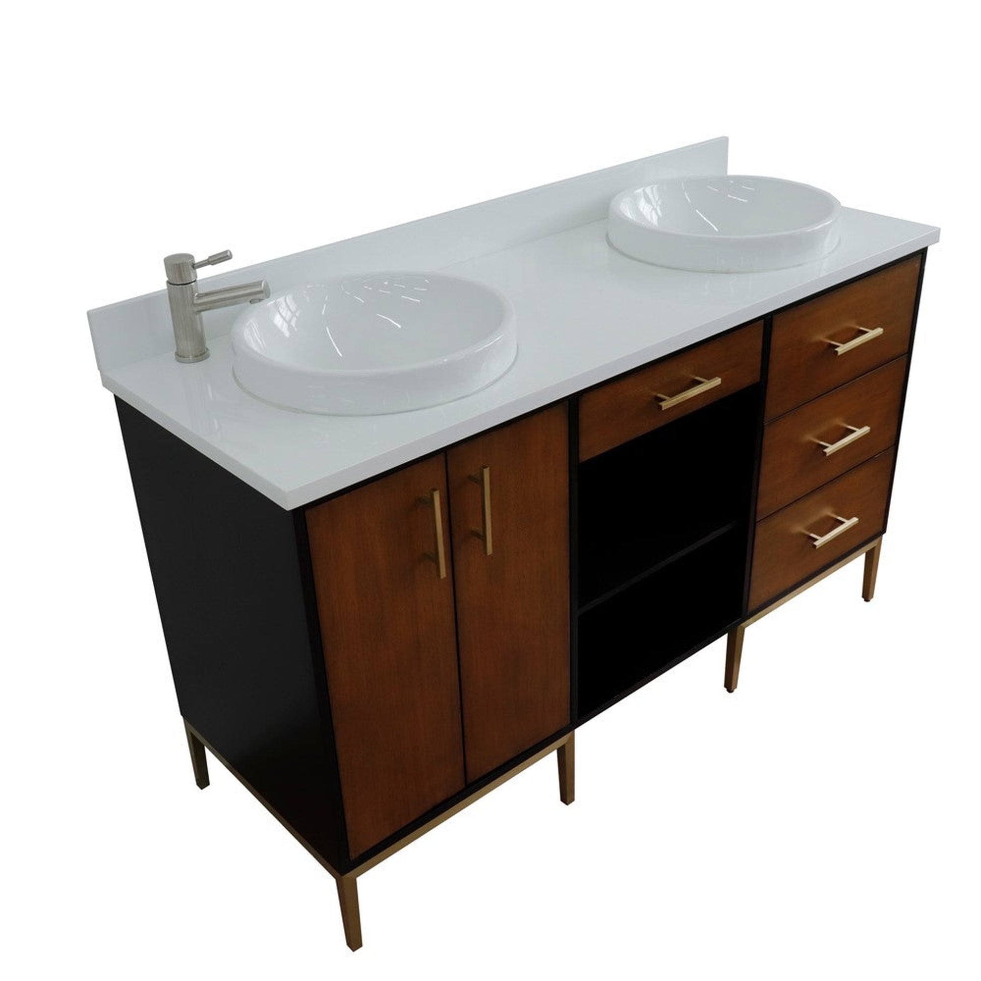 Bellaterra Home Imola 61" 2-Door 4-Drawer 2-Shelf Walnut and Black Freestanding Vanity Set With Ceramic Double Vessel Sink and White Quartz Top