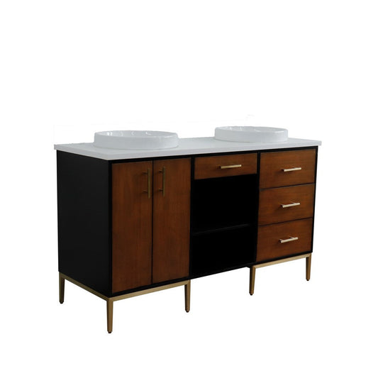 Bellaterra Home Imola 61" 2-Door 4-Drawer 2-Shelf Walnut and Black Freestanding Vanity Set With Ceramic Double Vessel Sink and White Quartz Top