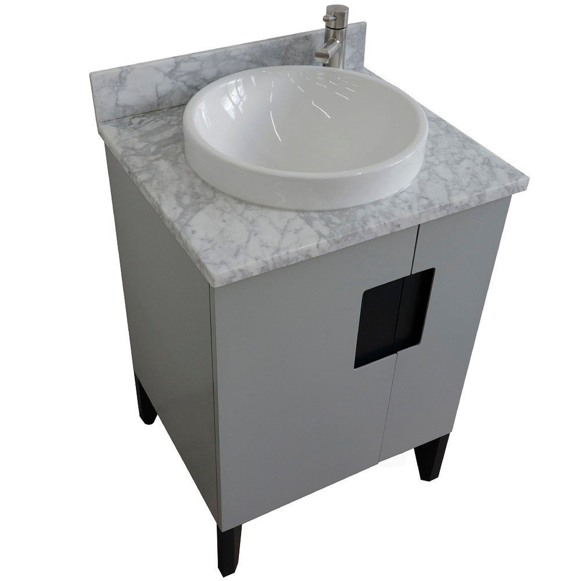 Bellaterra Home Kolb 25" 2-Door 1-Drawer Light Gray Freestanding Vanity Set With Ceramic Vessel Sink and White Carrara Marble Top