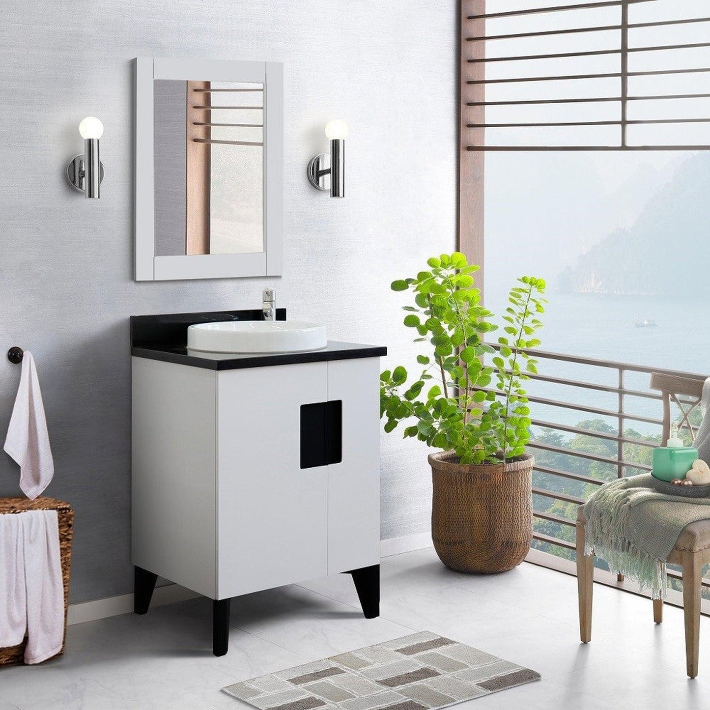 Bellaterra Home Kolb 25" 2-Door 1-Drawer White Freestanding Vanity Set With Ceramic Vessel Sink and Black Galaxy Granite Top