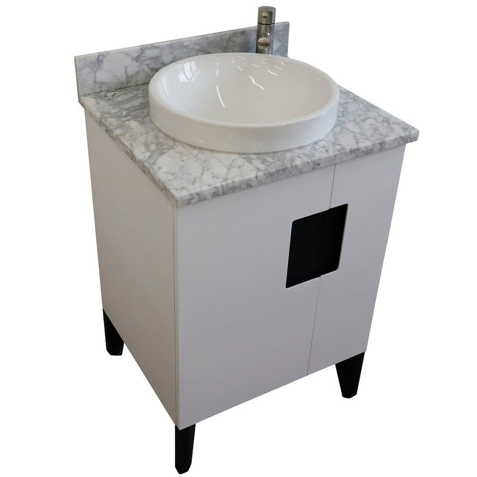 Bellaterra Home Kolb 25" 2-Door 1-Drawer White Freestanding Vanity Set With Ceramic Vessel Sink and White Carrara Marble Top