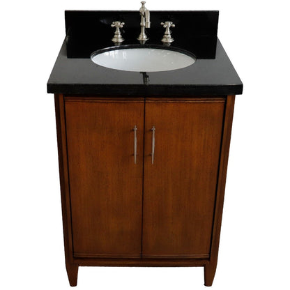 Bellaterra Home MCM 25" 2-Door 1-Drawer Walnut Freestanding Vanity Set With Ceramic Undermount Oval Sink and Black Galaxy Granite Top