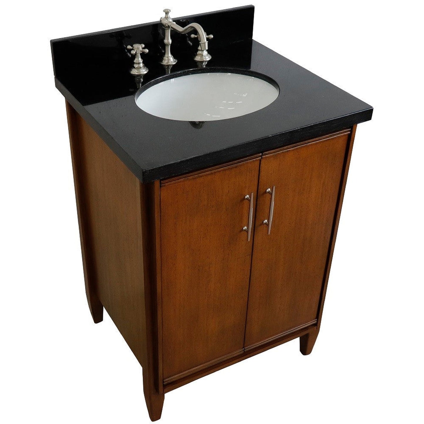 Bellaterra Home MCM 25" 2-Door 1-Drawer Walnut Freestanding Vanity Set With Ceramic Undermount Oval Sink and Black Galaxy Granite Top