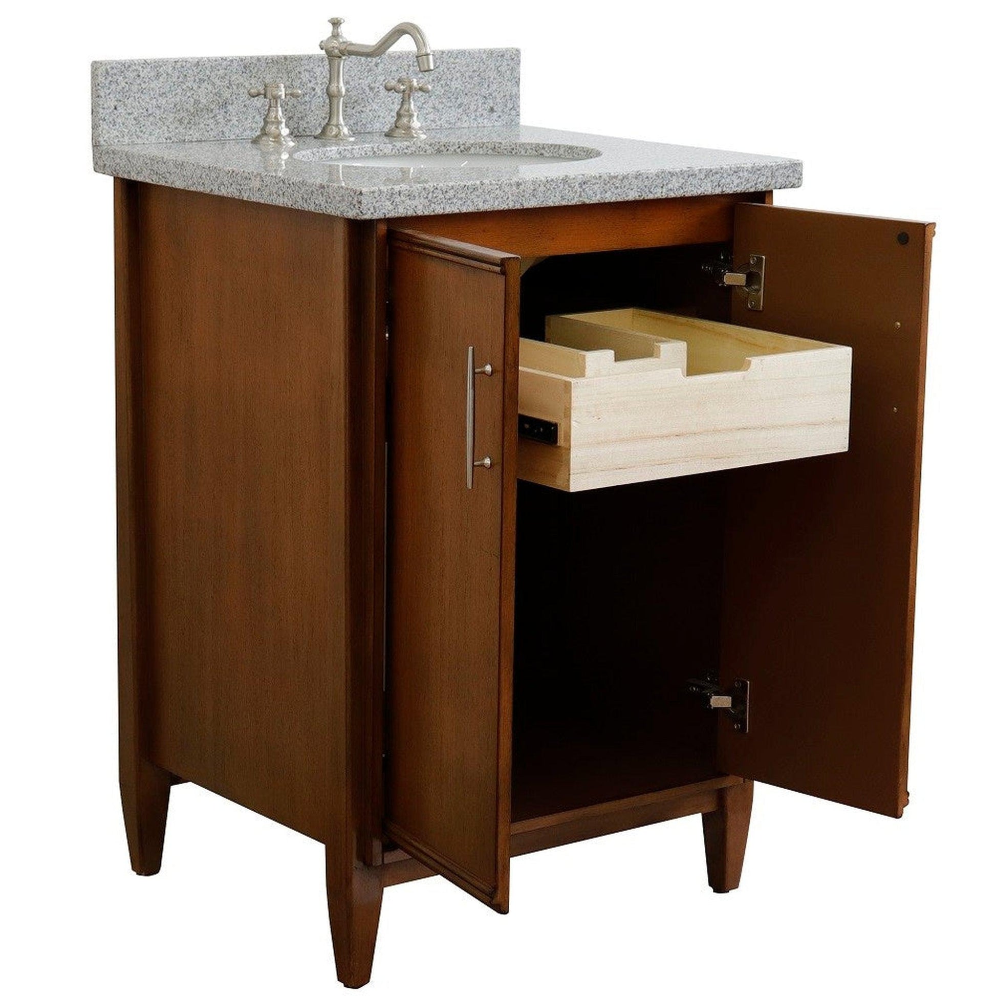 Bellaterra Home MCM 25" 2-Door 1-Drawer Walnut Freestanding Vanity Set With Ceramic Undermount Oval Sink and Gray Granite Top