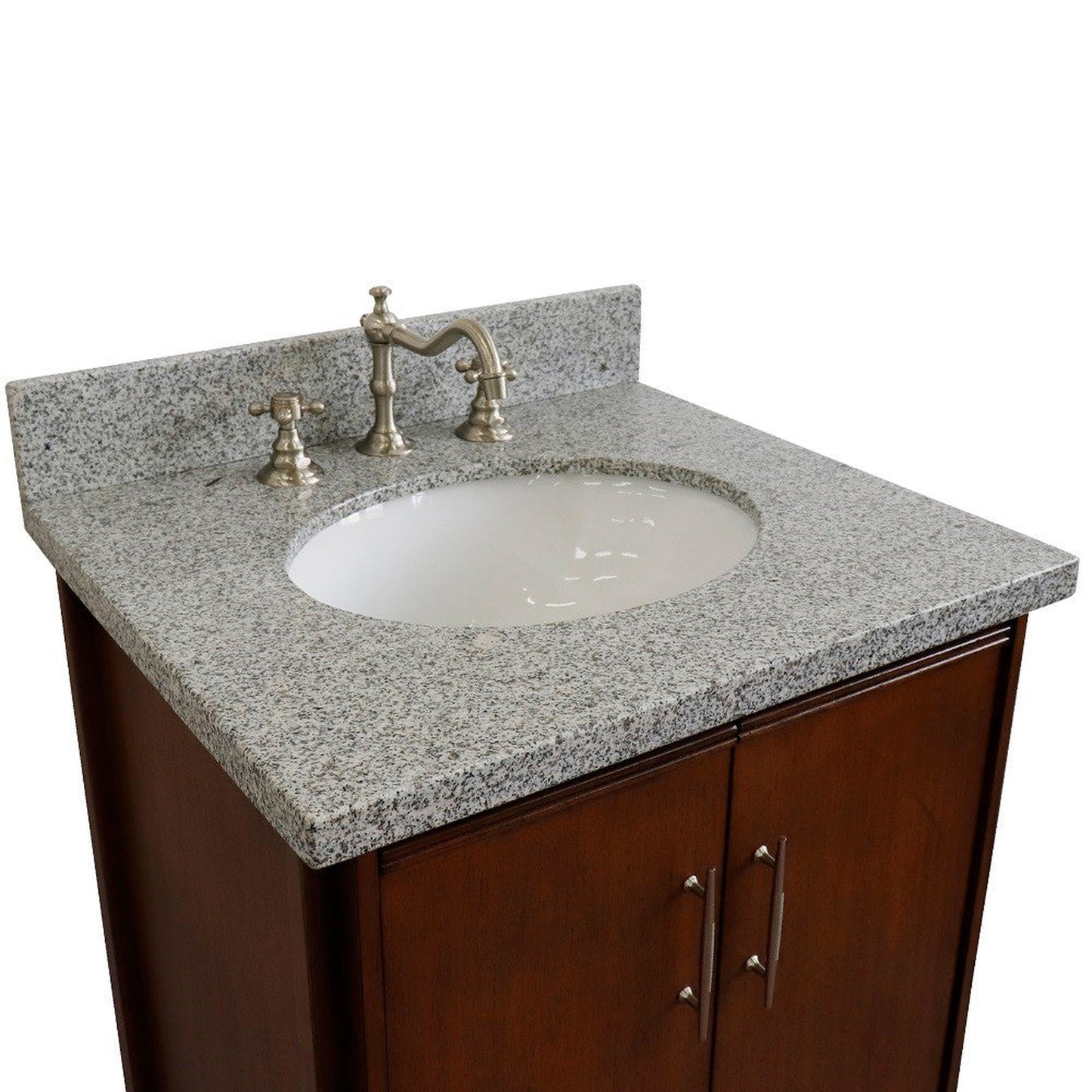 Bellaterra Home MCM 25" 2-Door 1-Drawer Walnut Freestanding Vanity Set With Ceramic Undermount Oval Sink and Gray Granite Top