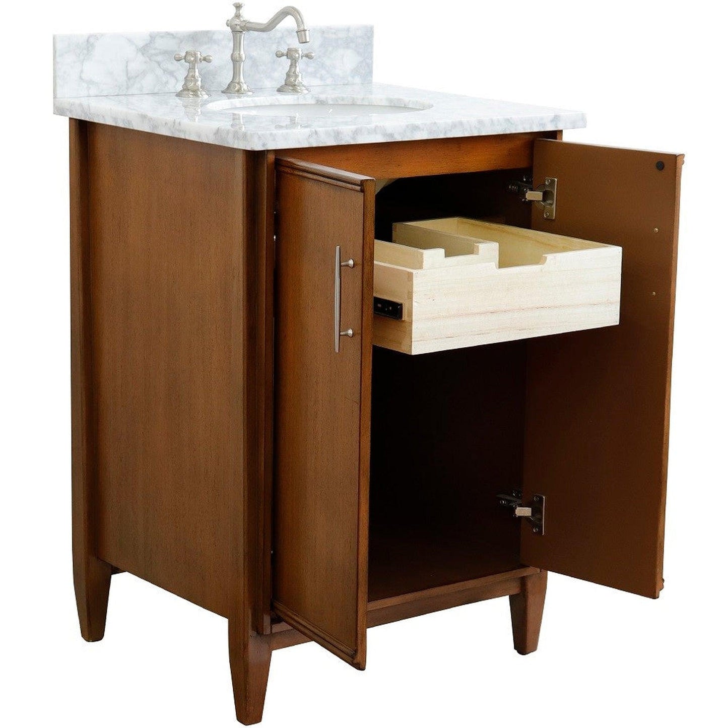 Bellaterra Home MCM 25" 2-Door 1-Drawer Walnut Freestanding Vanity Set With Ceramic Undermount Oval Sink and White Carrara Marble Top