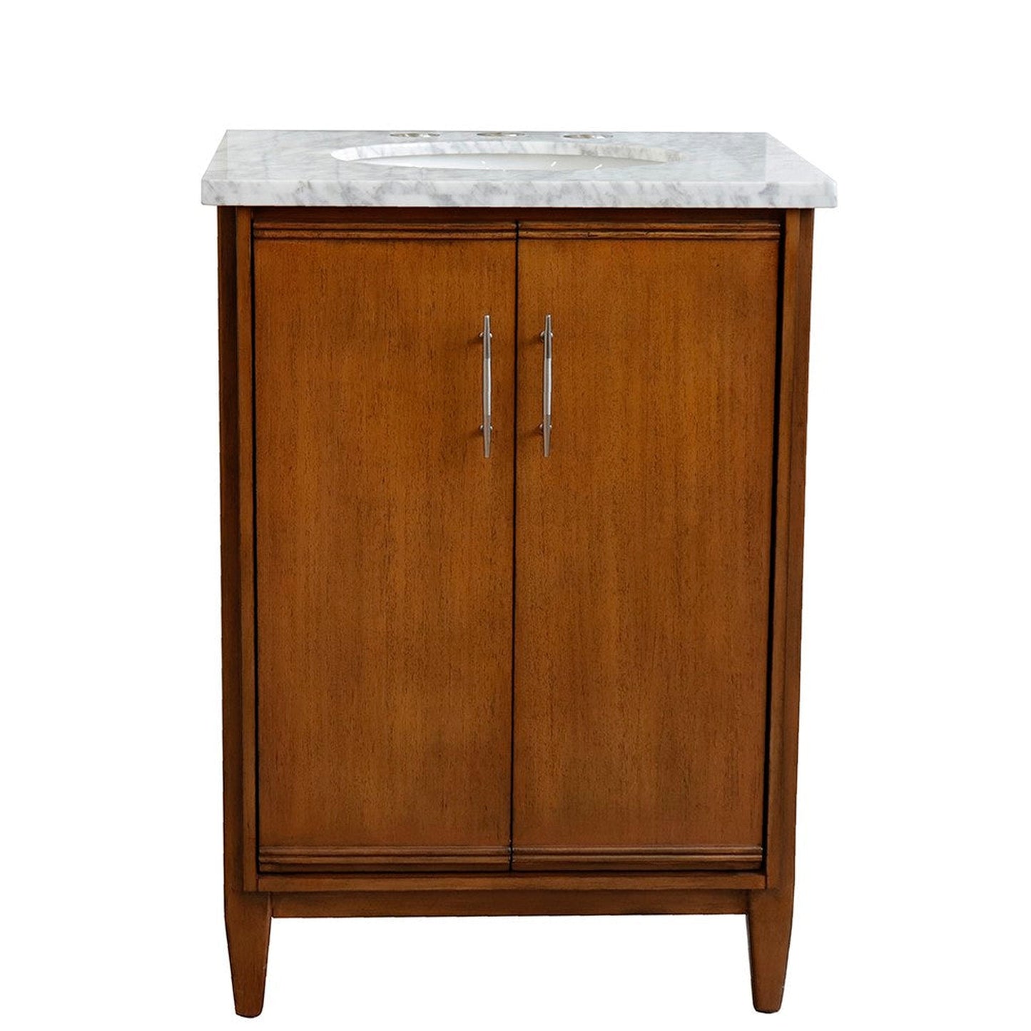 Bellaterra Home MCM 25" 2-Door 1-Drawer Walnut Freestanding Vanity Set With Ceramic Undermount Oval Sink and White Carrara Marble Top