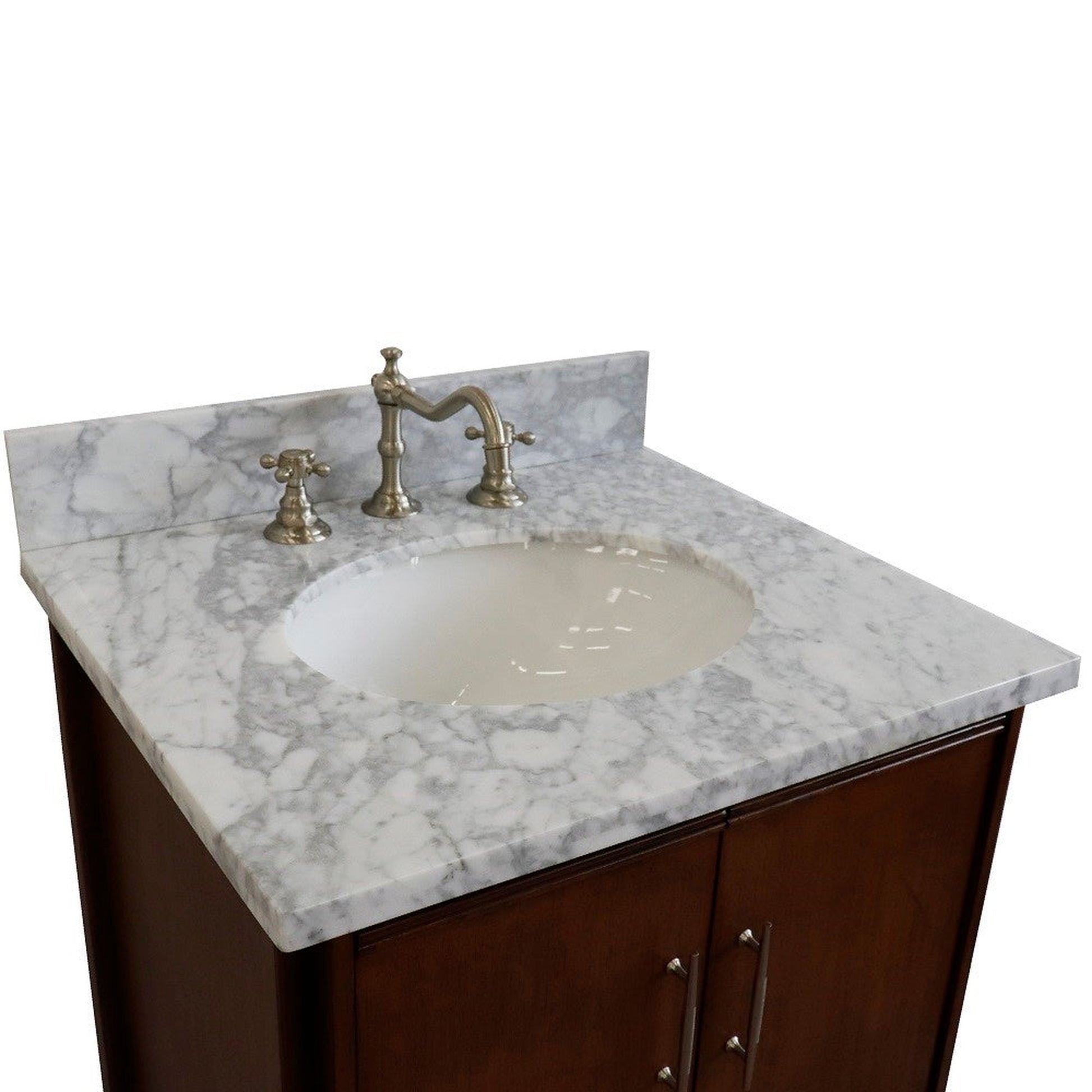 Bellaterra Home MCM 25" 2-Door 1-Drawer Walnut Freestanding Vanity Set With Ceramic Undermount Oval Sink and White Carrara Marble Top