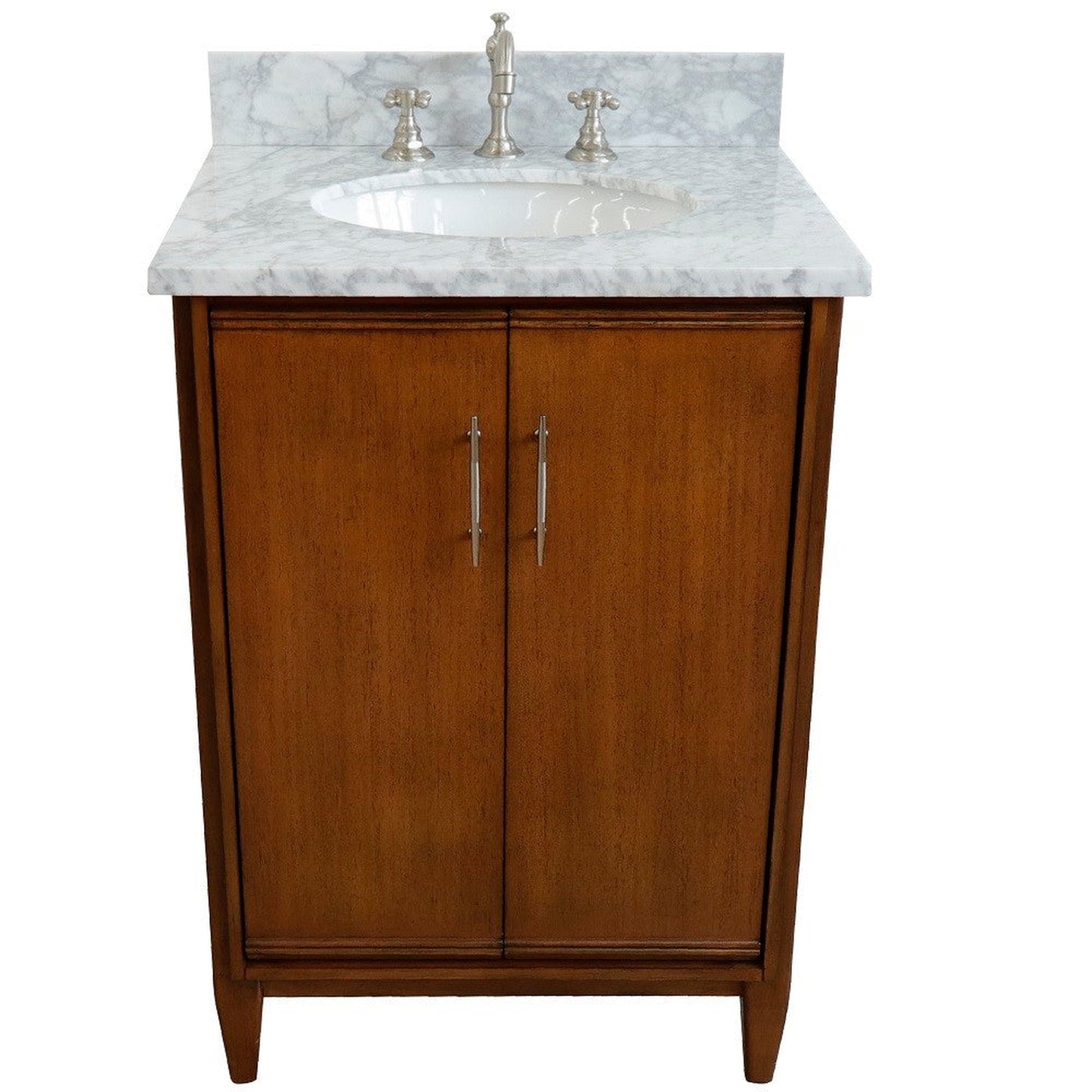 Bellaterra Home MCM 25" 2-Door 1-Drawer Walnut Freestanding Vanity Set With Ceramic Undermount Oval Sink and White Carrara Marble Top