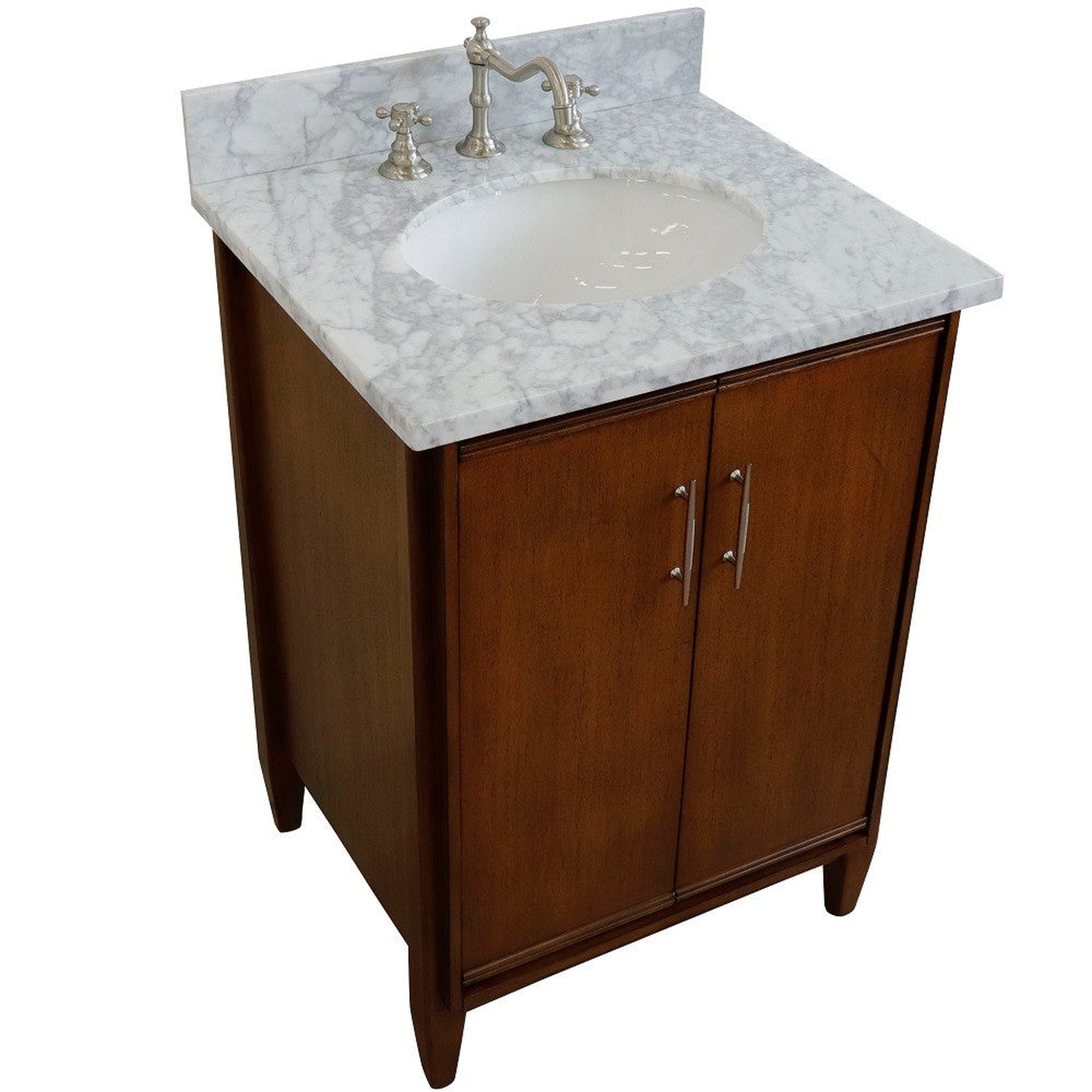 Bellaterra Home MCM 25" 2-Door 1-Drawer Walnut Freestanding Vanity Set With Ceramic Undermount Oval Sink and White Carrara Marble Top