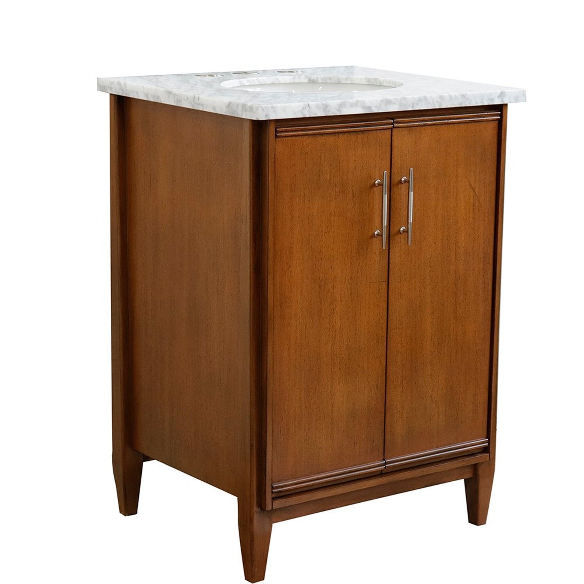 Bellaterra Home MCM 25" 2-Door 1-Drawer Walnut Freestanding Vanity Set With Ceramic Undermount Oval Sink and White Carrara Marble Top