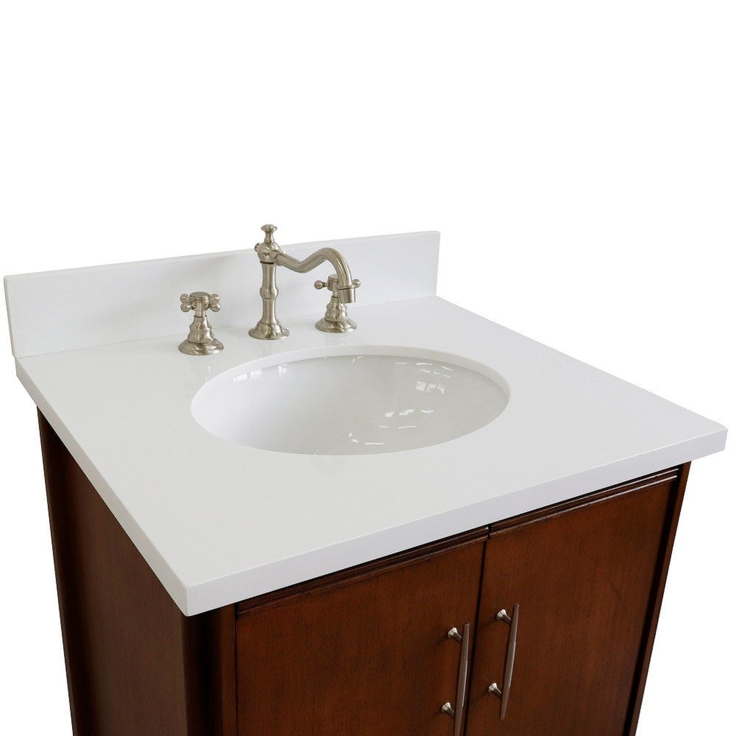 Bellaterra Home MCM 25" 2-Door 1-Drawer Walnut Freestanding Vanity Set With Ceramic Undermount Oval Sink and White Quartz Top