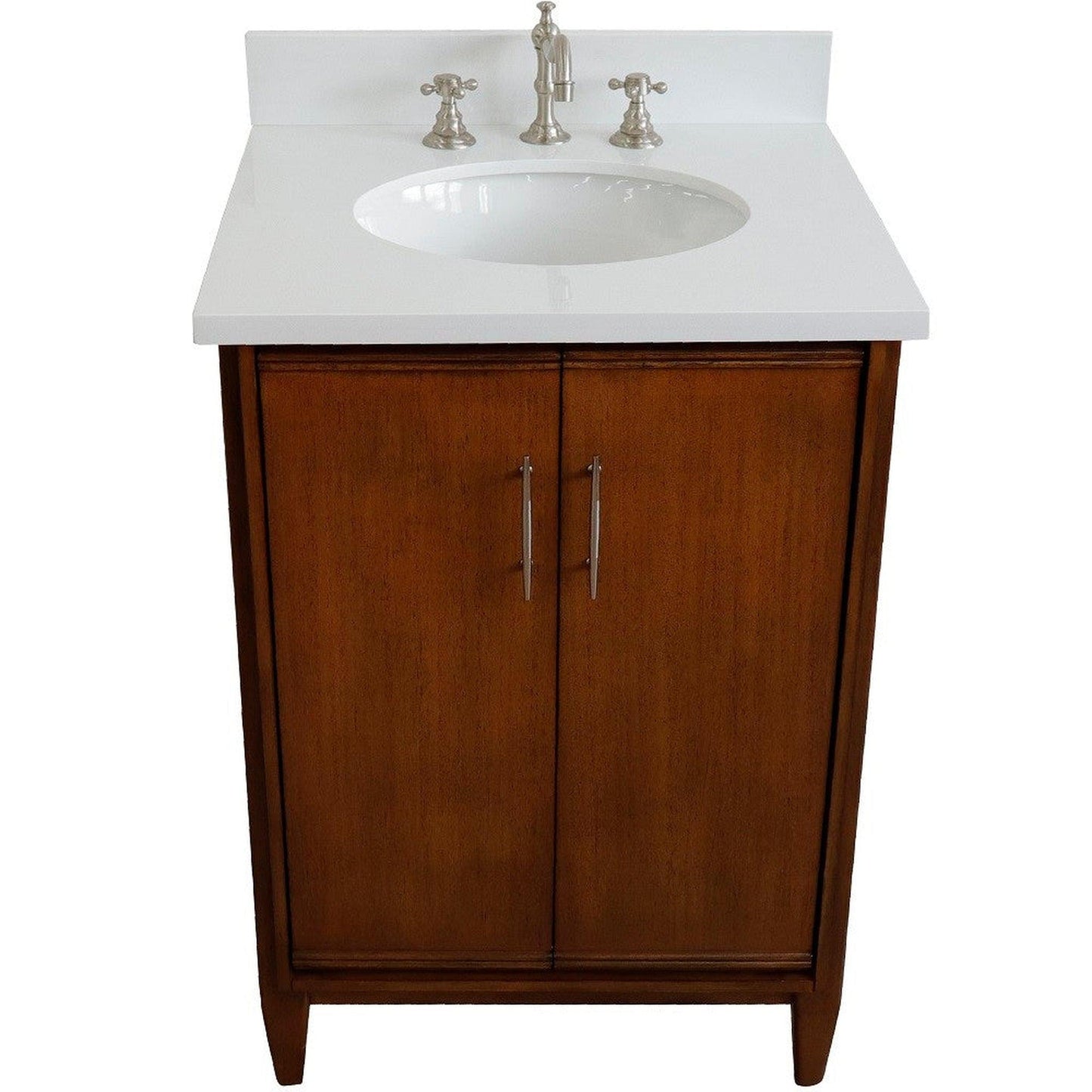 Bellaterra Home MCM 25" 2-Door 1-Drawer Walnut Freestanding Vanity Set With Ceramic Undermount Oval Sink and White Quartz Top