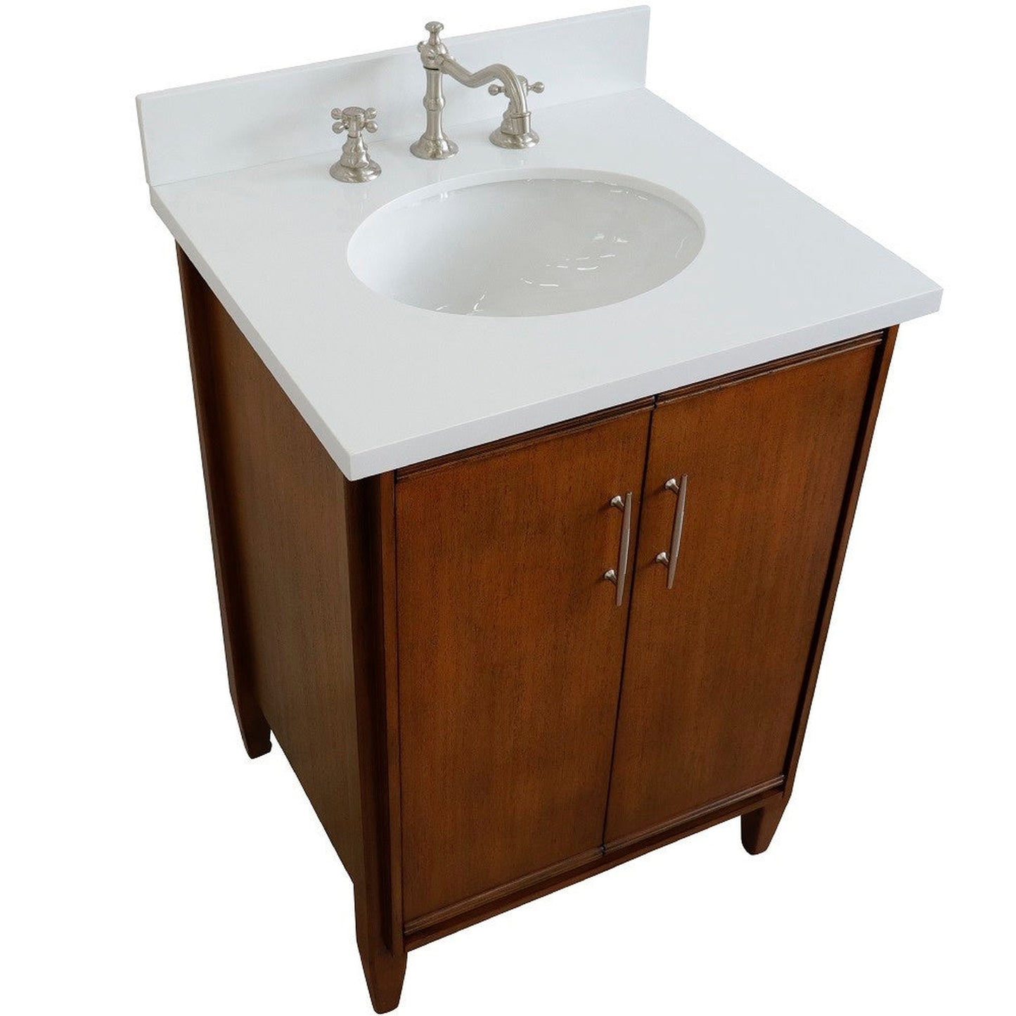 Bellaterra Home MCM 25" 2-Door 1-Drawer Walnut Freestanding Vanity Set With Ceramic Undermount Oval Sink and White Quartz Top