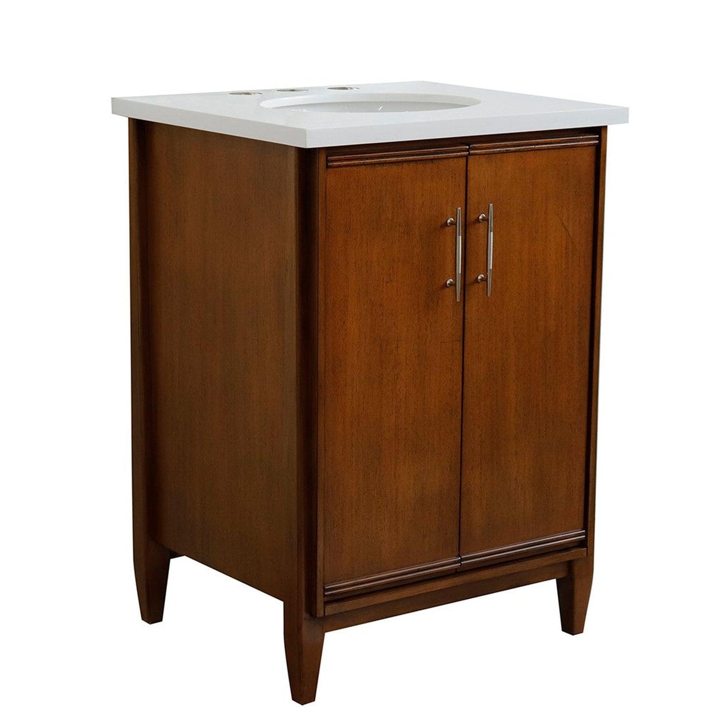 Bellaterra Home MCM 25" 2-Door 1-Drawer Walnut Freestanding Vanity Set With Ceramic Undermount Oval Sink and White Quartz Top