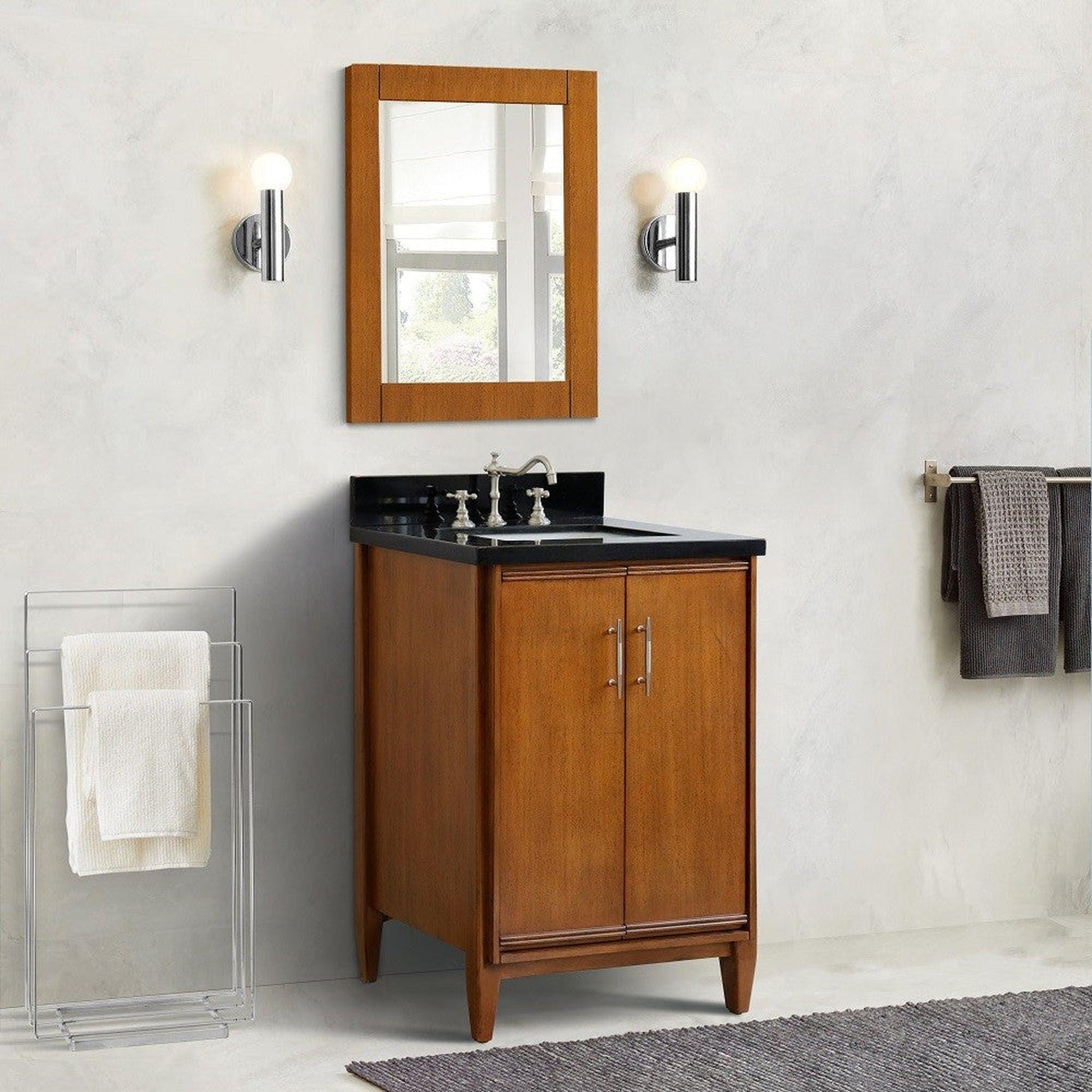 Bellaterra Home MCM 25" 2-Door 1-Drawer Walnut Freestanding Vanity Set With Ceramic Undermount Rectangular Sink and Black Galaxy Granite Top