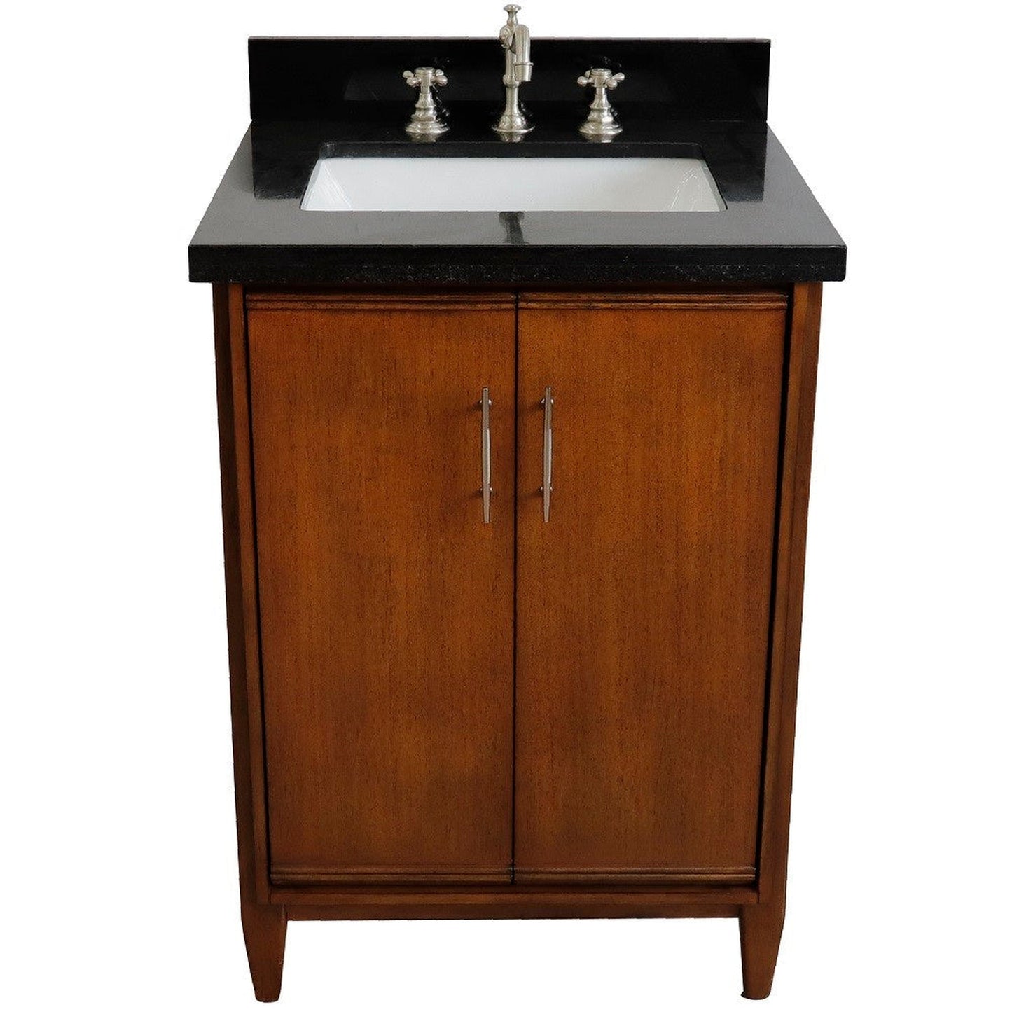 Bellaterra Home MCM 25" 2-Door 1-Drawer Walnut Freestanding Vanity Set With Ceramic Undermount Rectangular Sink and Black Galaxy Granite Top