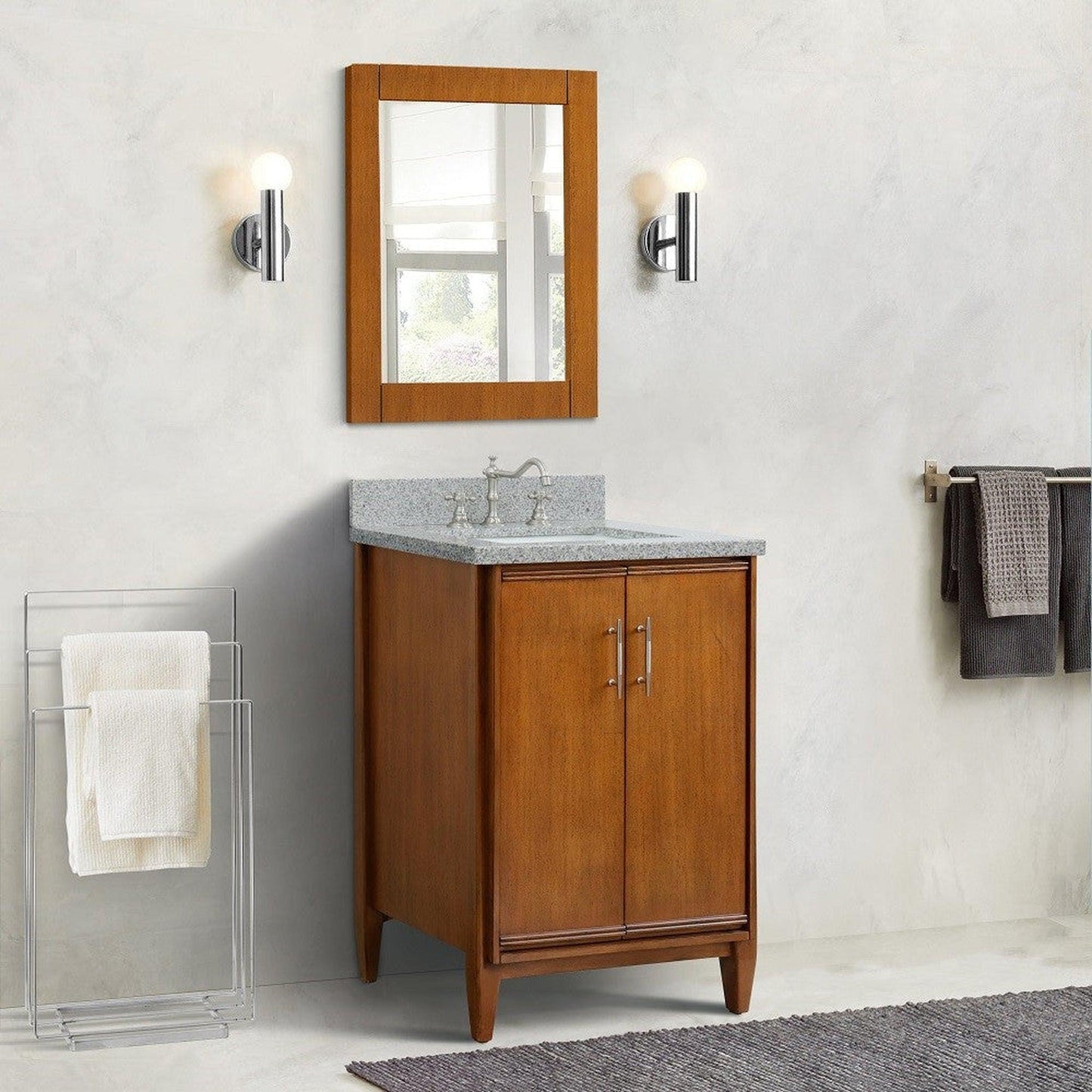 Bellaterra Home MCM 25" 2-Door 1-Drawer Walnut Freestanding Vanity Set With Ceramic Undermount Rectangular Sink and Gray Granite Top