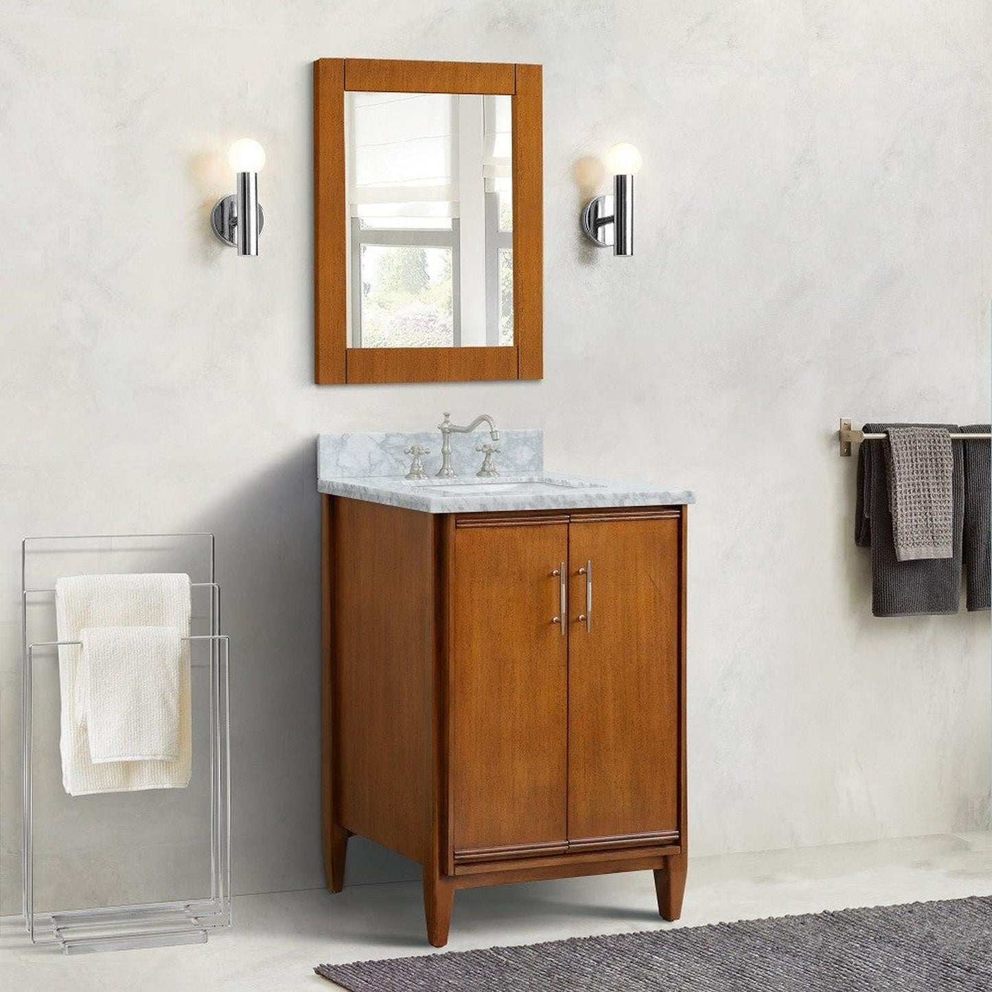 Bellaterra Home MCM 25" 2-Door 1-Drawer Walnut Freestanding Vanity Set With Ceramic Undermount Rectangular Sink and White Carrara Marble Top