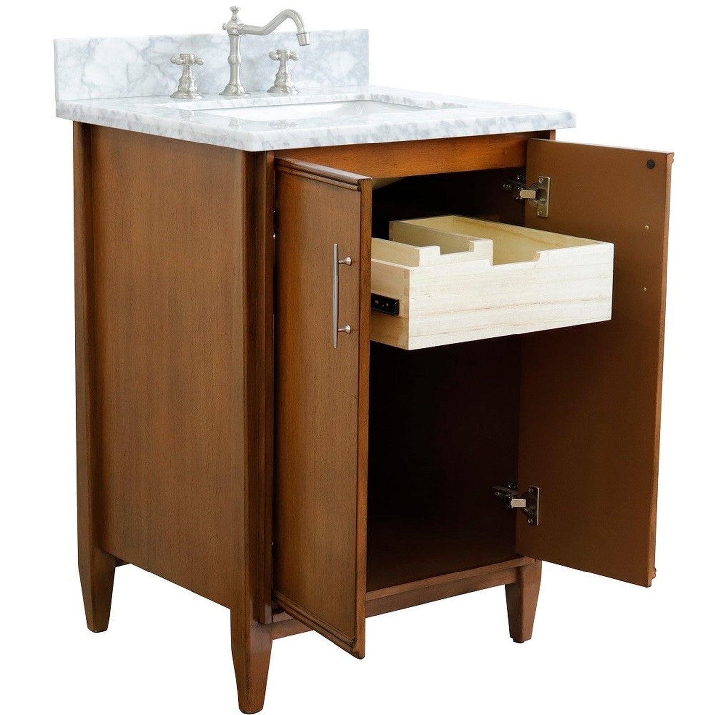 Bellaterra Home MCM 25" 2-Door 1-Drawer Walnut Freestanding Vanity Set With Ceramic Undermount Rectangular Sink and White Carrara Marble Top