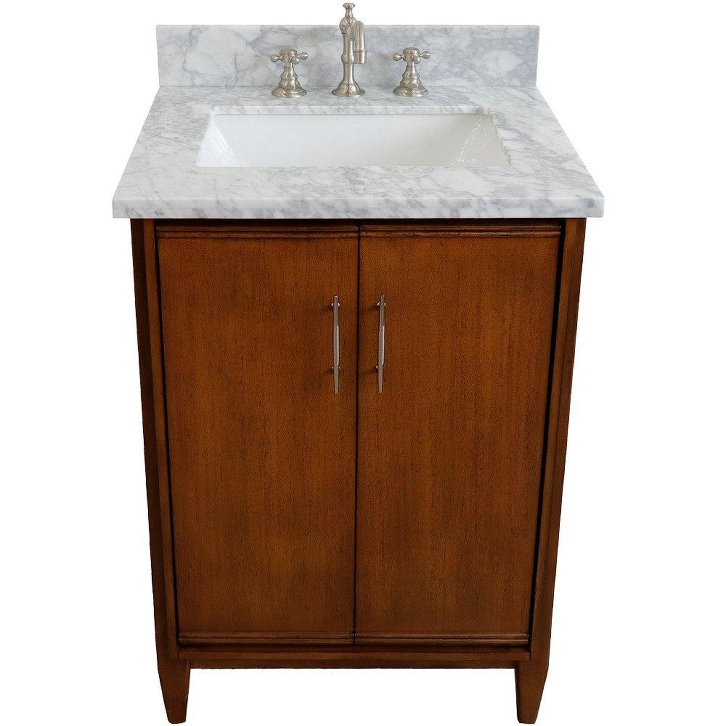 Bellaterra Home MCM 25" 2-Door 1-Drawer Walnut Freestanding Vanity Set With Ceramic Undermount Rectangular Sink and White Carrara Marble Top