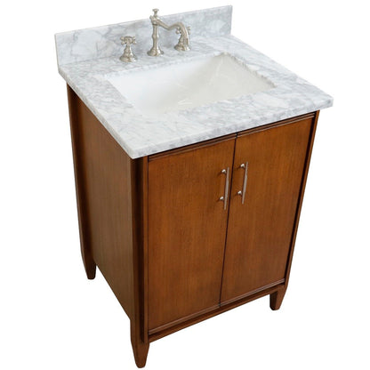 Bellaterra Home MCM 25" 2-Door 1-Drawer Walnut Freestanding Vanity Set With Ceramic Undermount Rectangular Sink and White Carrara Marble Top