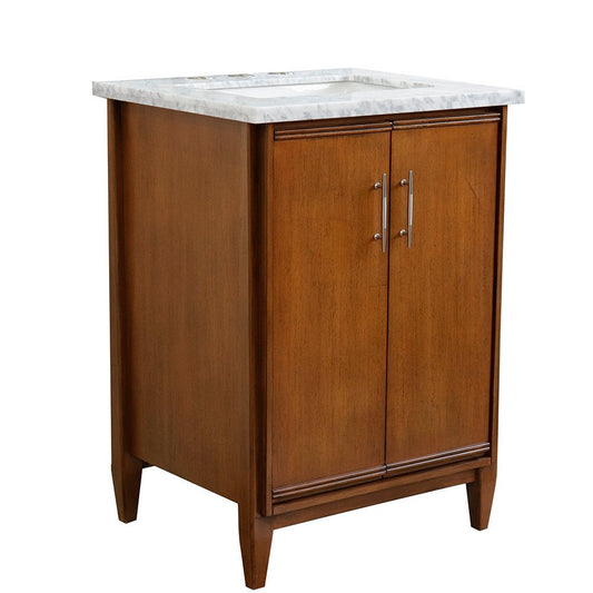 Bellaterra Home MCM 25" 2-Door 1-Drawer Walnut Freestanding Vanity Set With Ceramic Undermount Rectangular Sink and White Carrara Marble Top